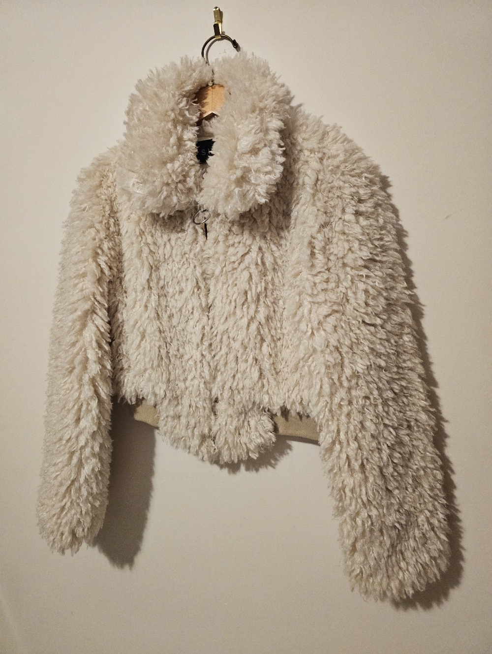 SHACI Cream Shaggy Faux Fur Cropped Bomber Jacket - Ring Zip - Size S - Picture 2 of 7